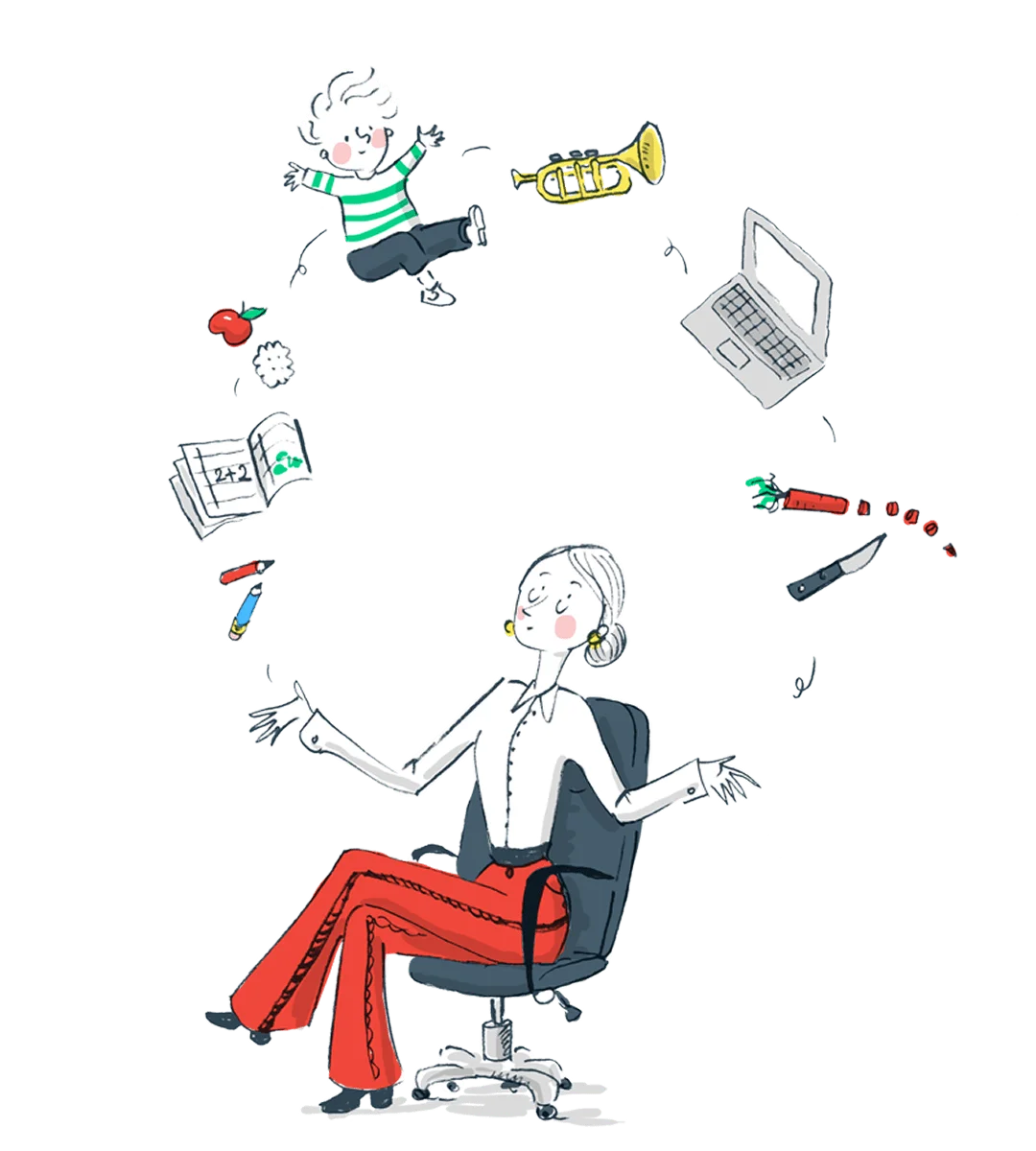 Drawing of a mother juggeling with her tasks