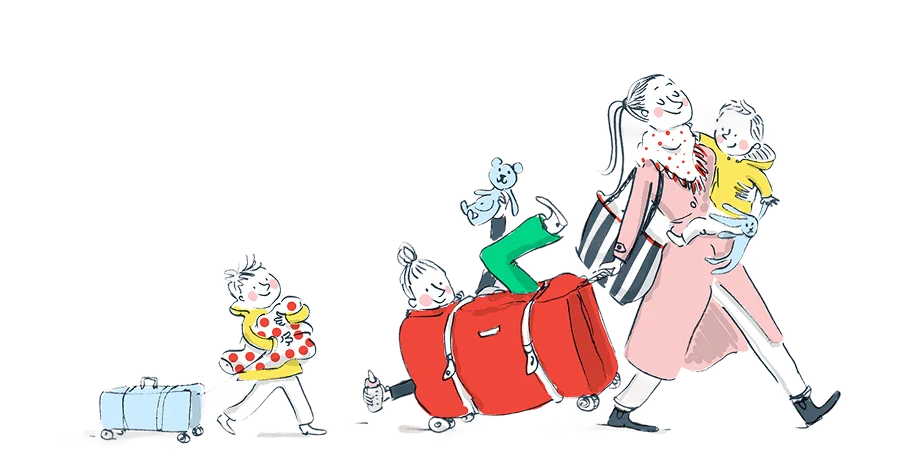 Drawing of a mom going on vacation with 2 children and a babysitter