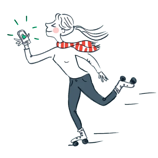 Drawing of a roller-skating babysitter holding a phone with the Bsit app opened