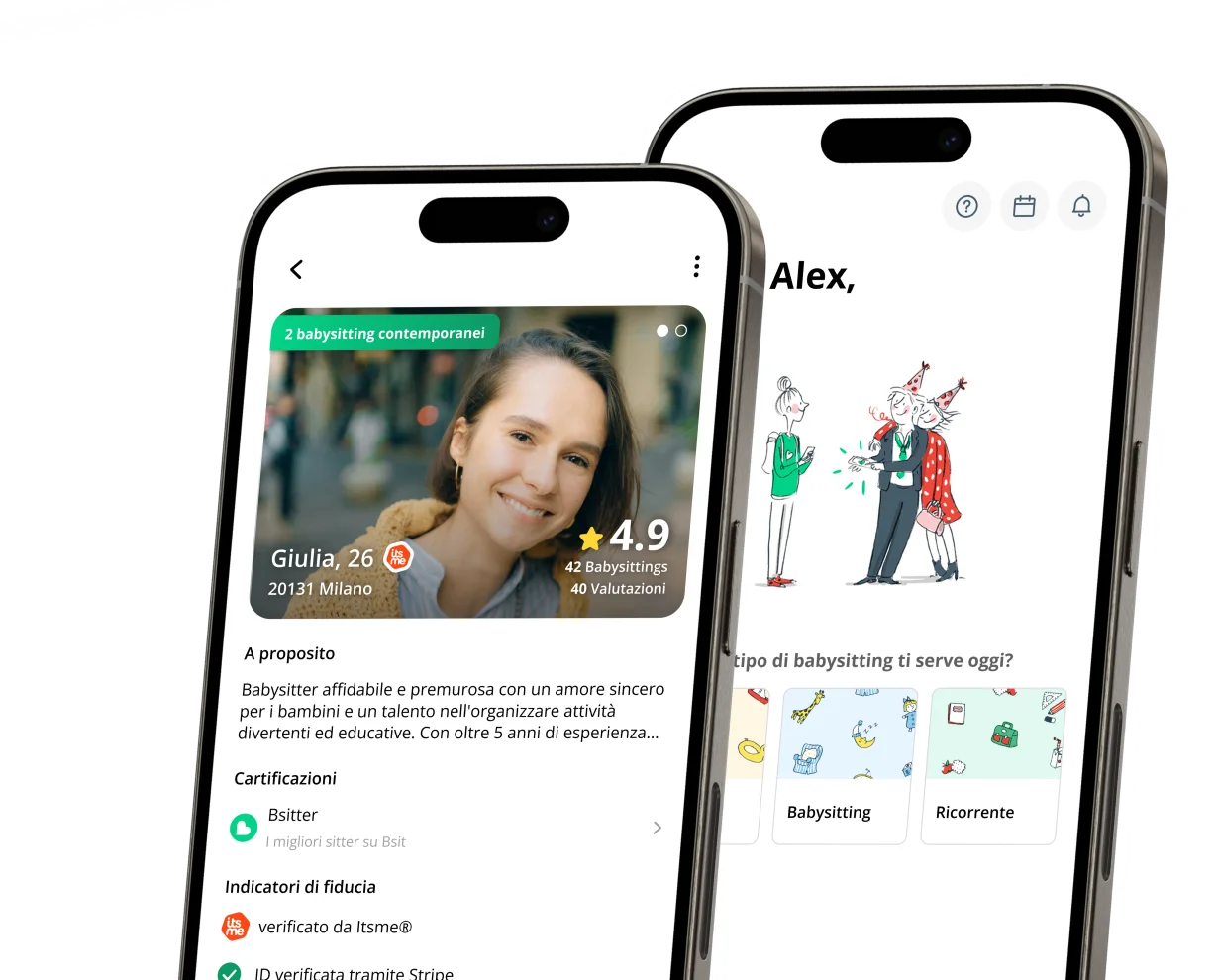 Anteprima della home page e del profilo di Babysitter nell'app Bsit