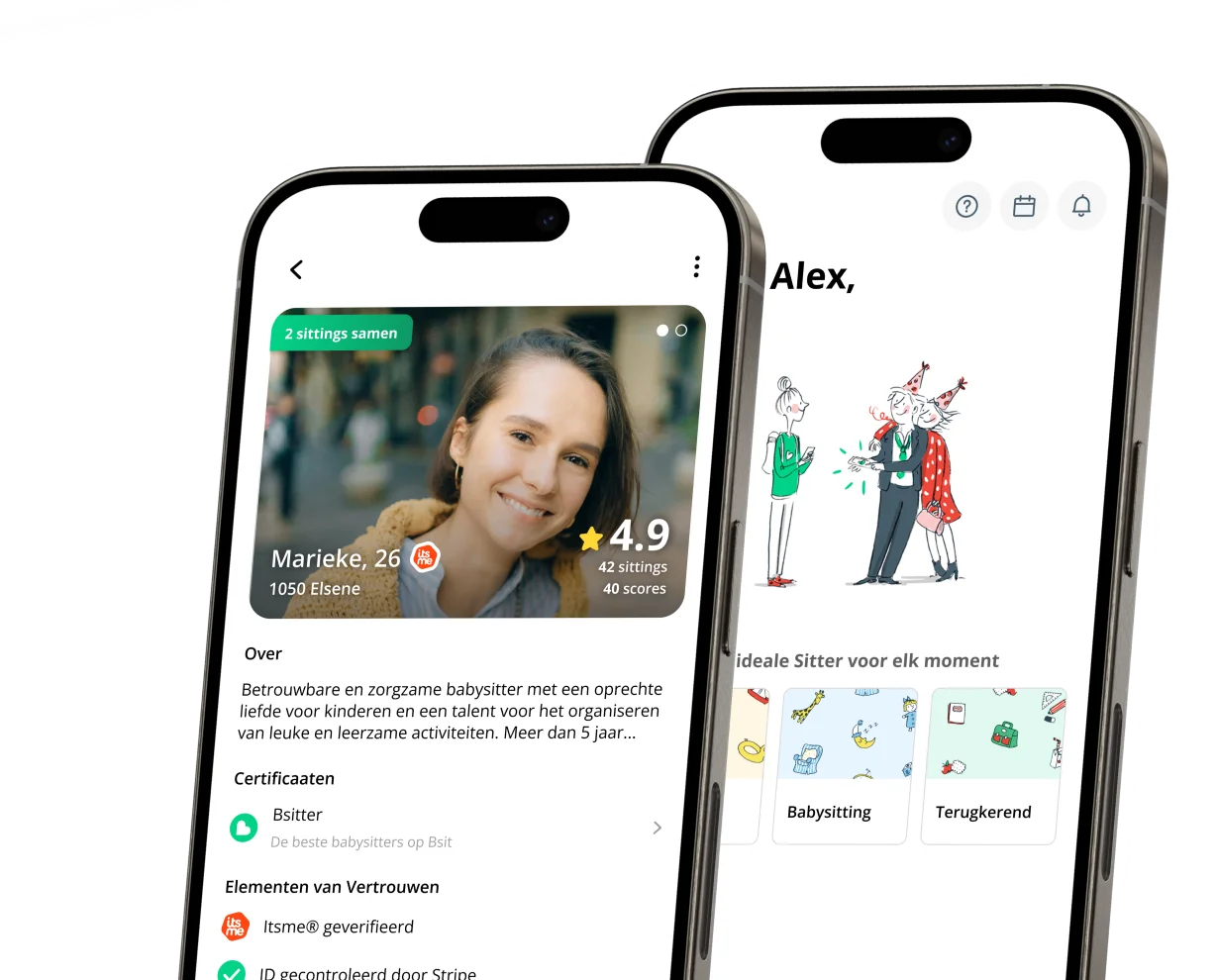 Voorbeeld van de hoofdpagina en een Sitterprofiel in de Bsit-app